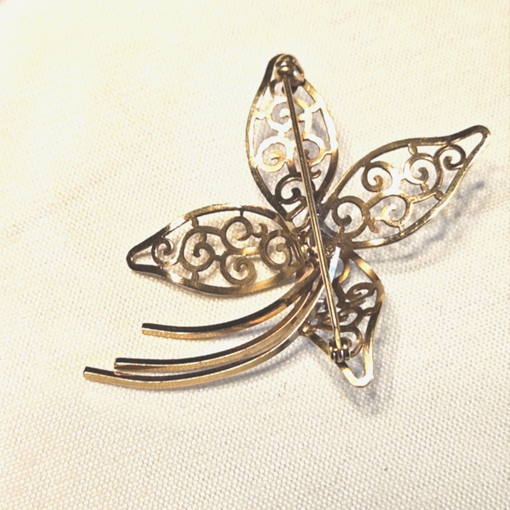 Van Dell Vintage Four-leaf Floral Gold-tone Filigree Work Lustrous Pearl Brooch - Picture 2 of 7
